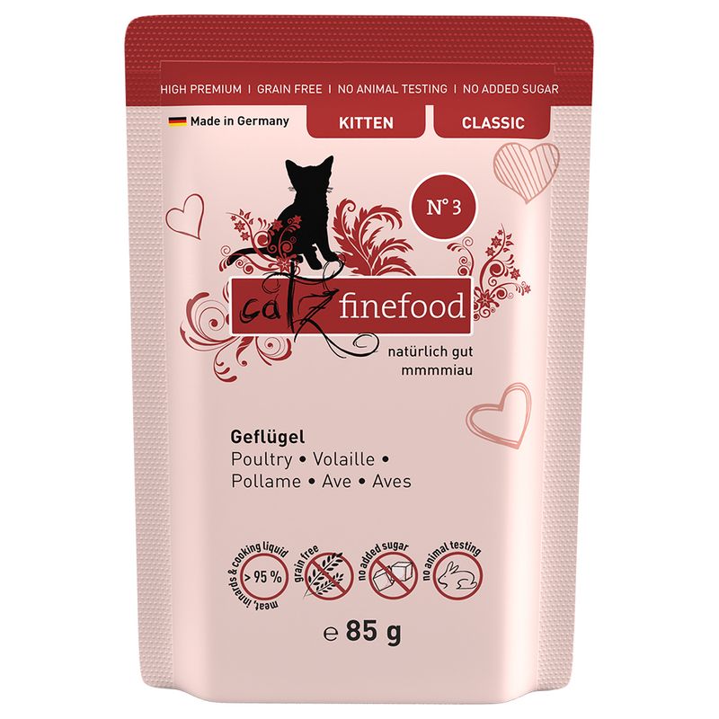 Catz Finefood No. 3, poultry, 85g, Made in Germany, high premium, grain-free, no added sugar, no animal testing, 95% meat content and cooking liquid.