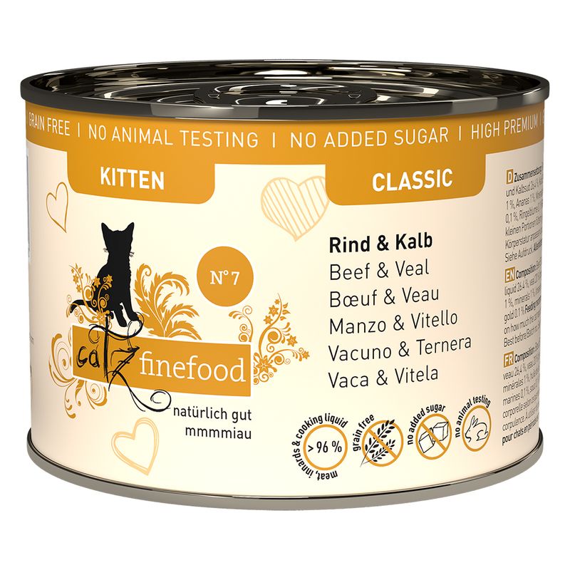 Catz finefood Classic No. 7, beef & veal, kitten, naturally good, grain-free, no animal testing, no added sugar, over 96% meat and cooking liquid.