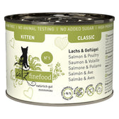 Catz finefood Classic No. 5, kitten, salmon & poultry, grain-free, no added sugar, no animal testing, 96% meat content.