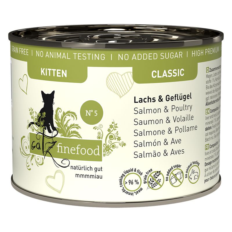 Catz finefood Classic No. 5, kitten, salmon & poultry, grain-free, no added sugar, no animal testing, 96% meat content.
