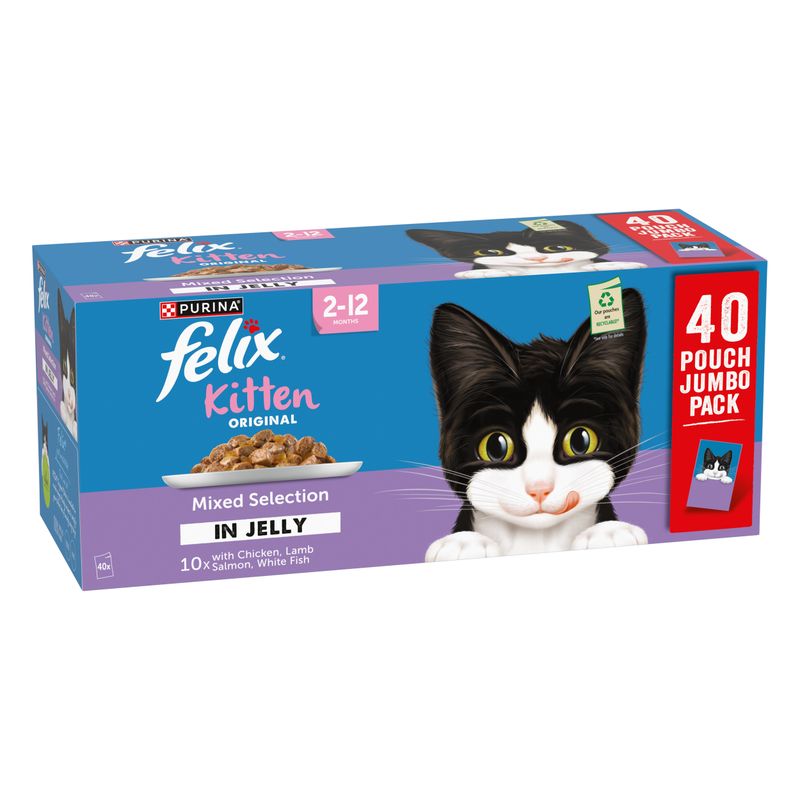 Purina Felix Kitten Original Mixed Selection in Jelly, 40 Pouch Jumbo Pack, for 2–12 months, 10x with chicken, lamb, salmon, whitefish
