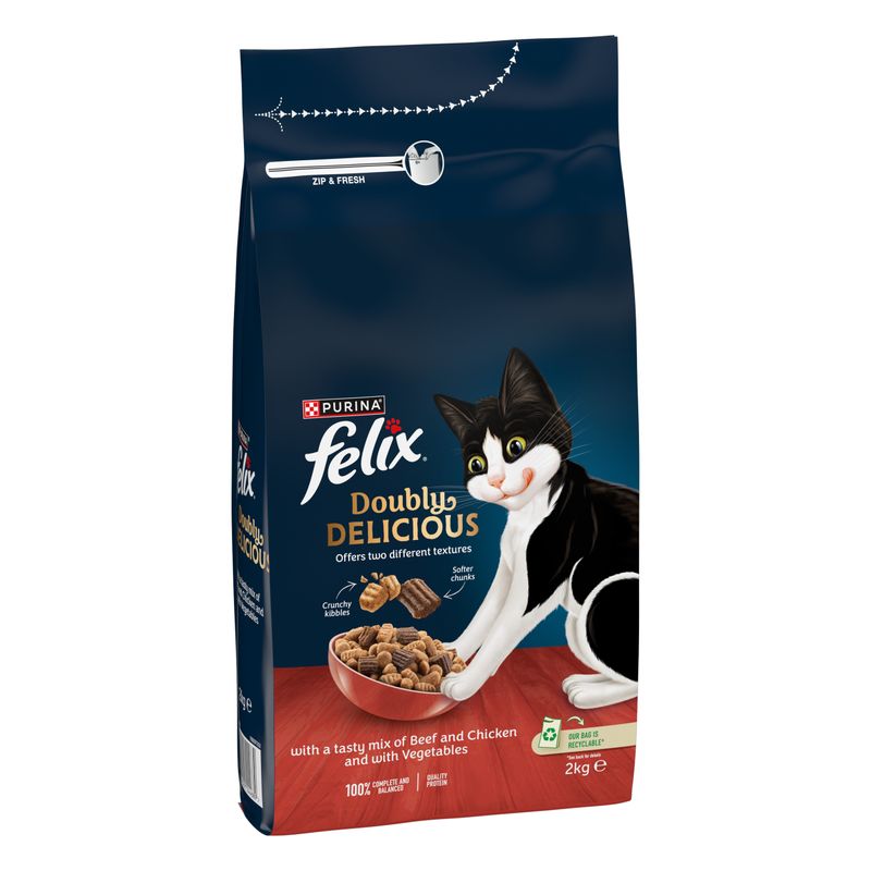 Purina Felix Doubly Delicious Dry Food, mix of beef and chicken with vegetables, 2 kg, offers two textures: crunchy kibbles and soft pieces.