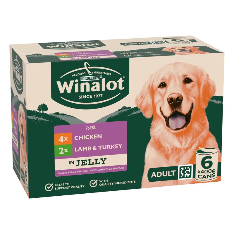Winalot Adult, 6 x 400g cans: 4x Chicken, 2x Lamb & Turkey in Jelly. Contains 8 added vitamins, trace elements and minerals. Supports vitality, made with high-quality ingredients.