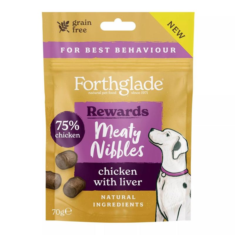 Forthglade Rewards Meaty Nibbles, chicken with liver, 75% chicken, grain free, natural ingredients, for best behaviour, 70g pack.