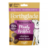 Grain free meaty nibbles with 75% chicken and liver, natural ingredients, 70g pack. Product name: Forthglade Rewards Meaty Nibbles chicken with liver.