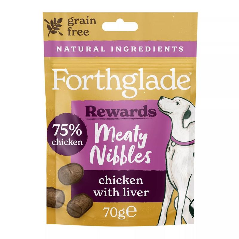 Grain free meaty nibbles with 75% chicken and liver, natural ingredients, 70g pack. Product name: Forthglade Rewards Meaty Nibbles chicken with liver.