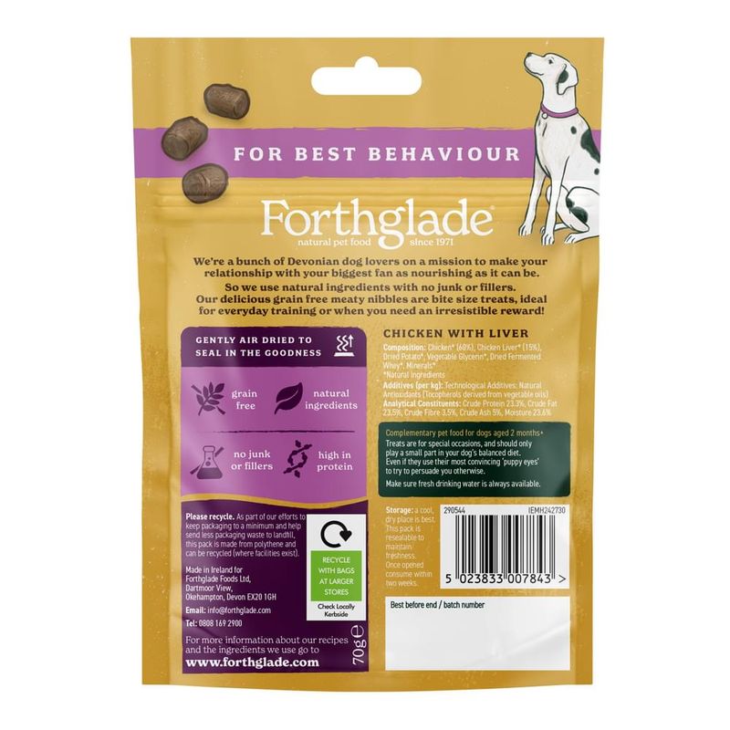 Back of Forthglade chicken with liver treats pack showing grain free, natural ingredients, no junk or fillers, high in protein, feeding guide, composition and recycling information.