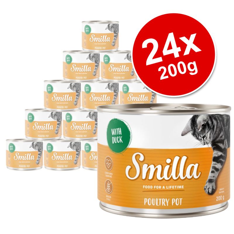 Smilla Poultry Pot with Duck, 24 x 200g tins. Visible text: 'WITH DUCK', 'FOOD FOR A LIFETIME', 'CONTAINS TAURINE', 'GRAIN-FREE', image of a cat on the label.