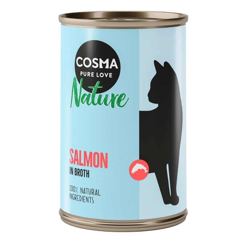 Cosma Nature cat food, salmon in broth variety, 100% natural ingredients. Black cat silhouette on light blue can.