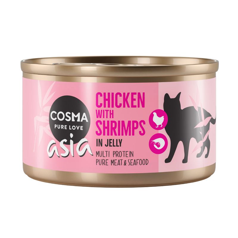 Cosma Asia Chicken with Shrimps in Jelly. Multi Protein, pure meat and seafood. Cat motif on pink background.