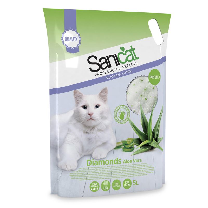 Sanicat Diamonds Aloe Vera silica gel cat litter, perfumed, highly absorbent, dust-free, long-lasting, 5L pack.
