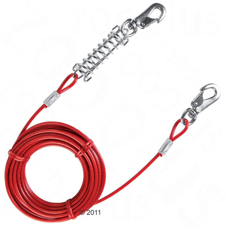 Red cable tie-out with metal spring and two snap hooks, shown coiled with both ends visible for attachment.