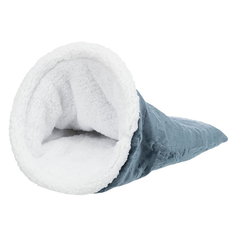 Soft tunnel with white plush interior and blue fabric exterior, suitable as a sleeping place or hiding spot for pets.