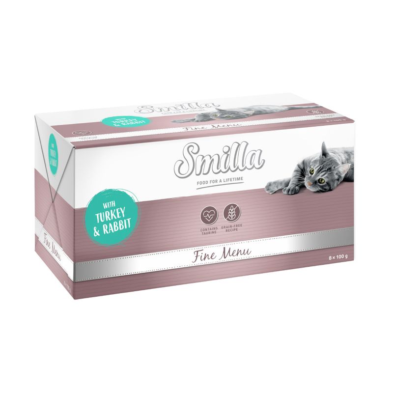 Smilla Fine Menu cat food with turkey and rabbit, contains taurine, grain-free recipe, pack of 8 x 100 g.