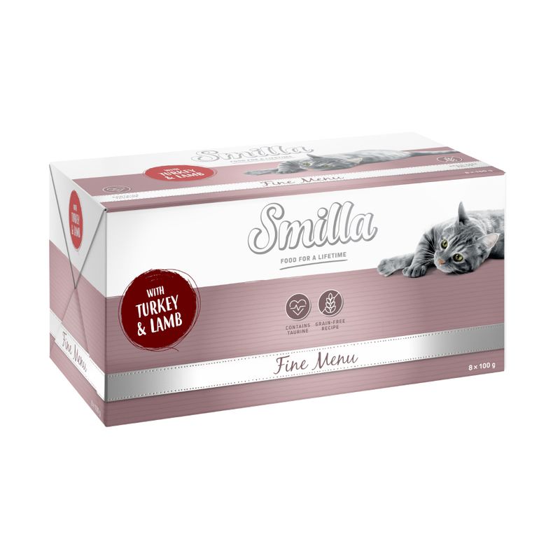 Smilla Fine Menu with turkey and lamb, contains taurine, grain-free recipe, pack of 8 x 100g pouches.