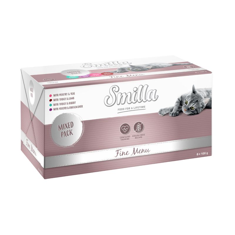 Smilla Fine Menu Mixed Pack, 8x100g. Varieties: poultry & veal, turkey & lamb, turkey & rabbit, poultry & chicken liver. Contains taurine, grain-free recipe.
