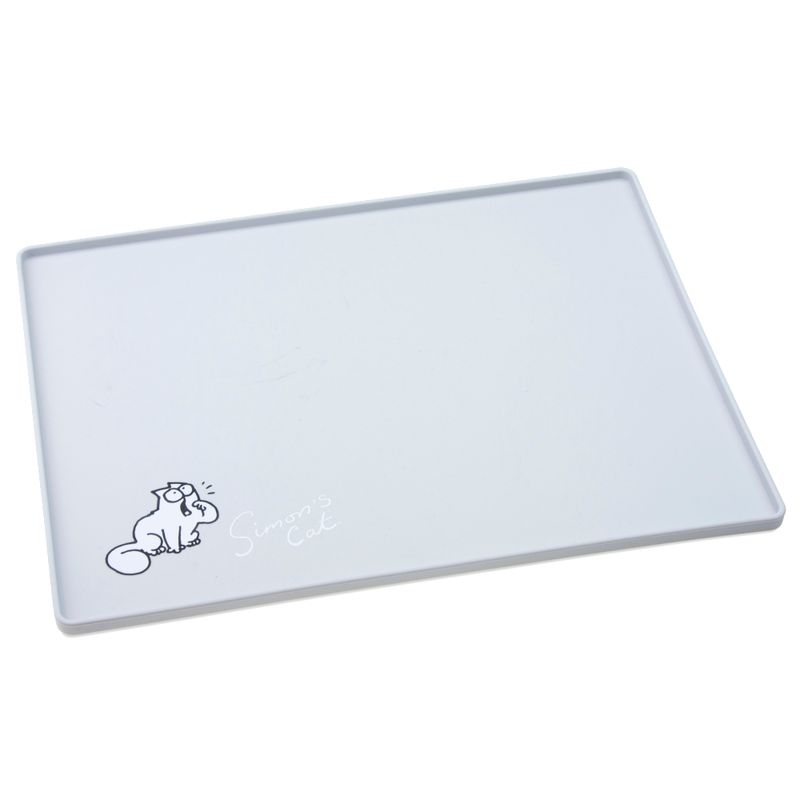 White mat with Simon's Cat drawing and lettering, suitable as a feeding place mat.