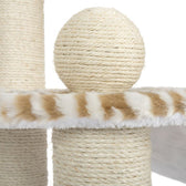 Scratching post elements made of sisal rope and plush with beige-white pattern, including sisal play ball.