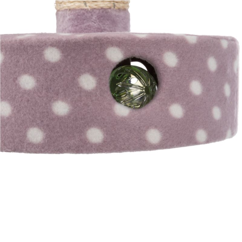 Cat tree element with purple fabric cover and white dots, integrated play ball in green plastic.