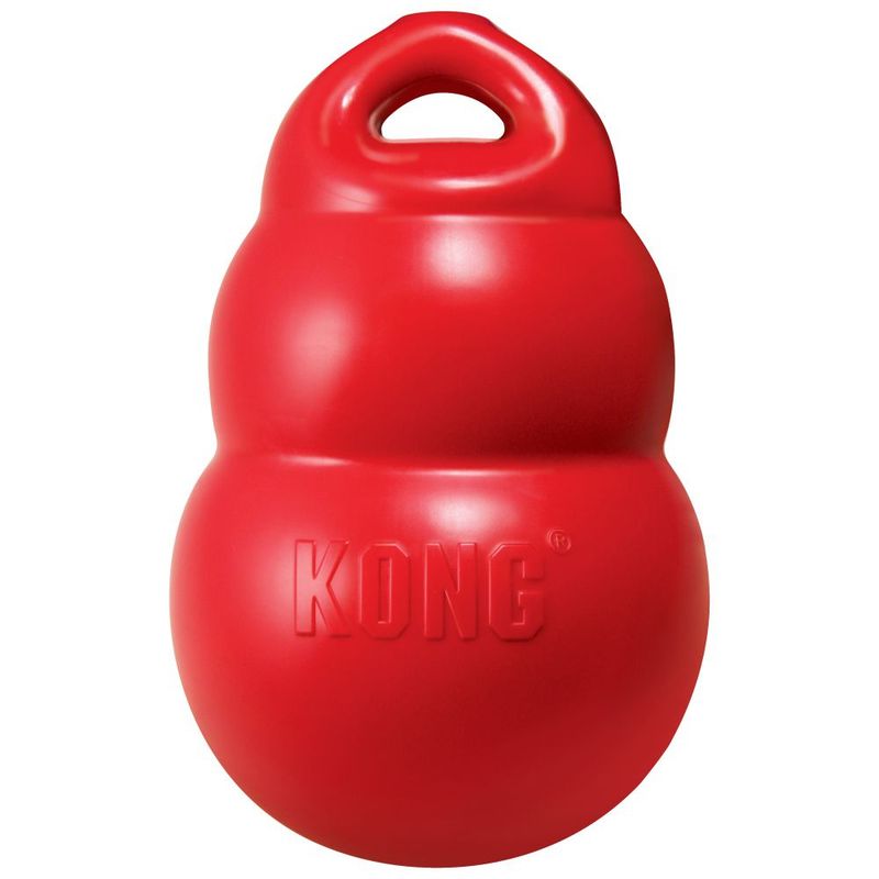 Red KONG toy with handle, embossed logo visible. Suitable for interactive play and training.