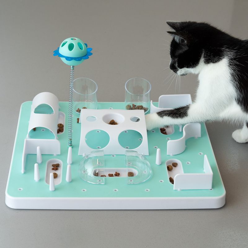 Interactive toy with feeding stations and obstacles. Black and white cat interacts with the game board containing dry food.