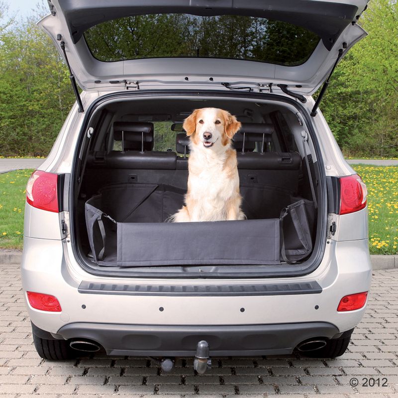 Car boot with open tailgate, equipped with a black protective mat and side panels for safe transport.