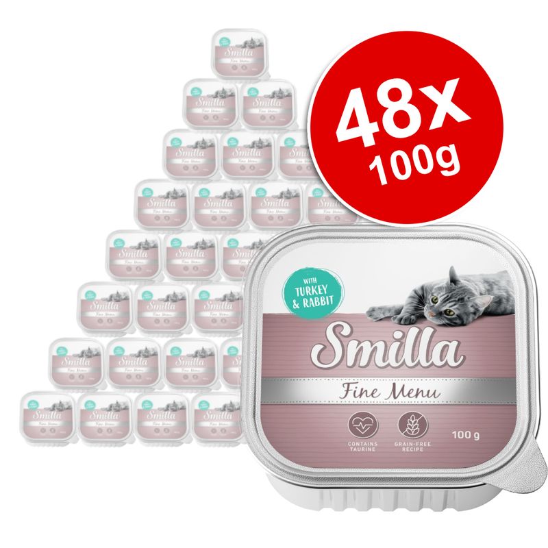 Pack of 48 Smilla Fine Menu trays, each 100g, with turkey and rabbit. Contains taurine and is a grain-free recipe.