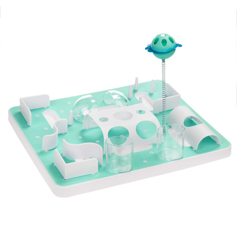 Interactive game board with various obstacles, tubes and a shuttlecock for pets. White-green design made of plastic.
