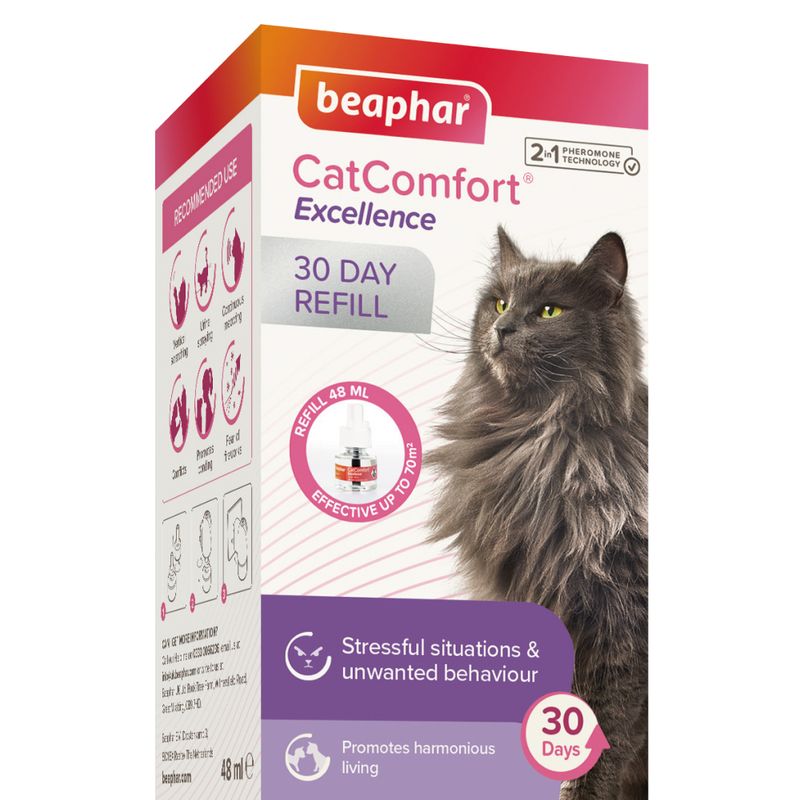 CatComfort Excellence 30 day refill, 48ml, effective up to 70m². Helps with stressful situations, unwanted behaviour and promotes harmonious living. Recommended use instructions shown.