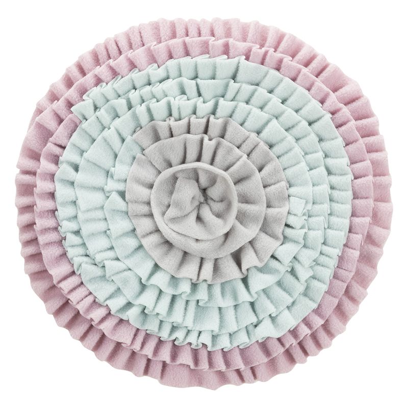 Round snuffle mat made of fabric in pink, light blue and grey with multiple layers for interactive play or snack searching.