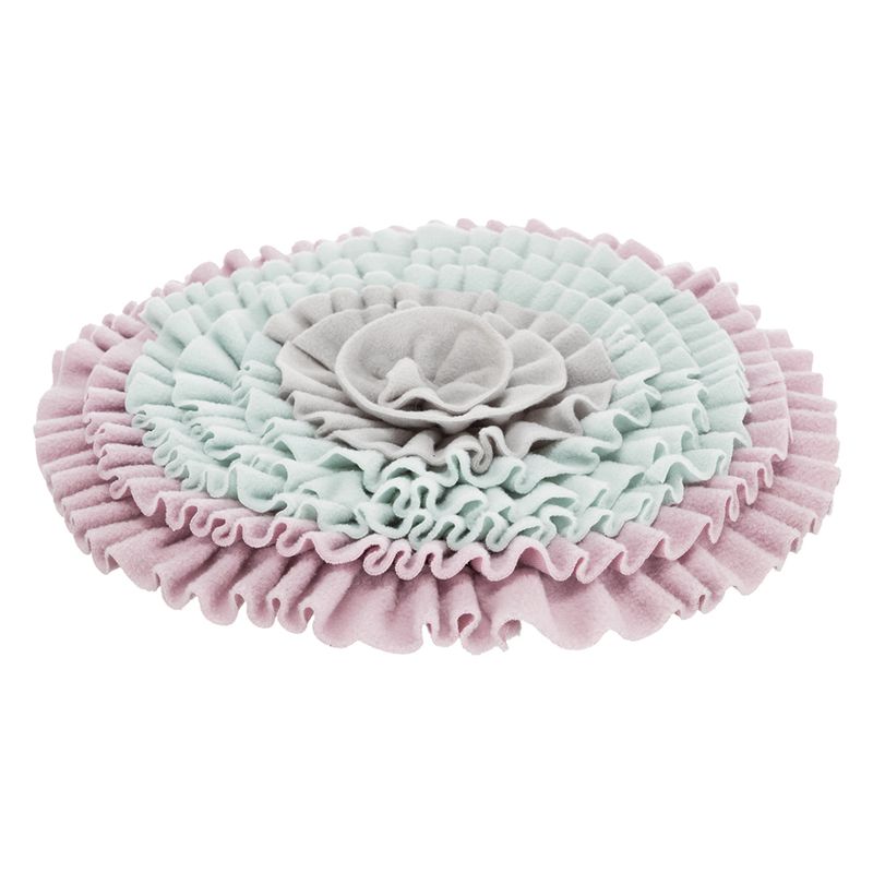 Round snuffle mat made of fabric in pink, grey and mint green with multiple layers for interactive play.