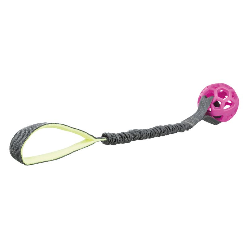 Toy with pink plastic ball, elastic grey band and yellow loop.