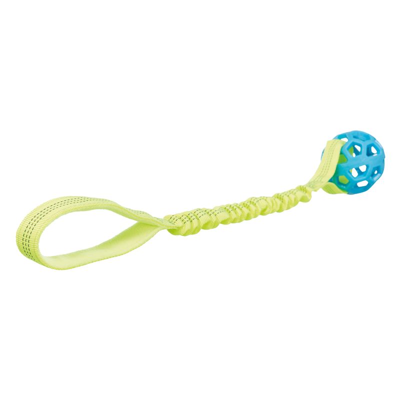Toy with elastic yellow band and blue plastic ball, suitable for interactive play.