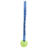 Toy with elastic blue strap and green plastic ball with honeycomb structure.