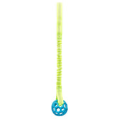 Toy with elastic yellow band and blue plastic ball with honeycomb structure.