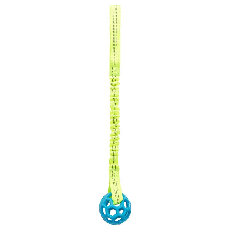 Toy with elastic yellow band and blue plastic ball with honeycomb structure.