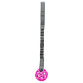 Toy with grey elastic band and pink plastic ball with honeycomb structure.