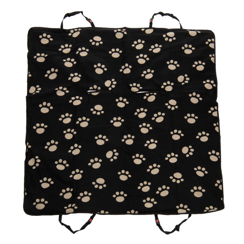 Black blanket with beige paw pattern and fastening straps at the corners, suitable for protection or covering.