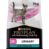 Purina Pro Plan Veterinary Diets UR St/Ox Urinary with Ocean Fish dry cat food, 5kg bag, visible branding and product name on packaging.