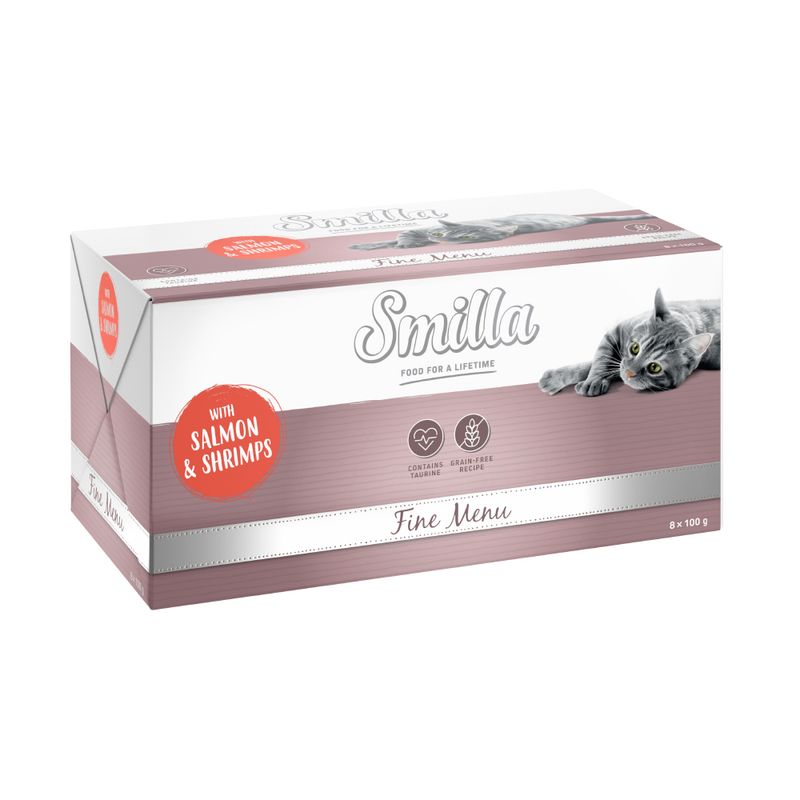 Smilla Fine Menu, with salmon and shrimp, contains taurine, grain-free recipe, pack of 8 x 100 g.