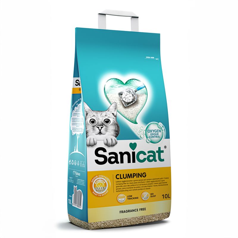 Sanicat Clumping cat litter, 10L, odour-controlling with oxygen, dust-free, fragrance-free, easy to clean. Packaging shows cat and heart symbol with litter.