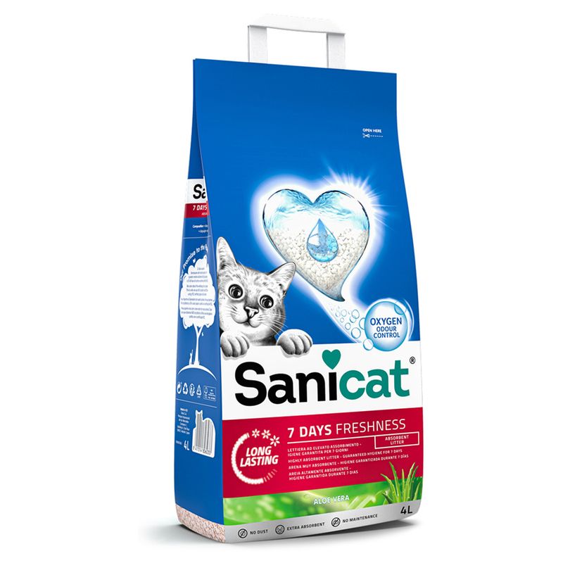 Sanicat cat litter, 7 Days Freshness, with aloe vera, 4L. Features: Oxygen Odour Control, dust-free, extra absorbent, maintenance-free. Long-lasting freshness.