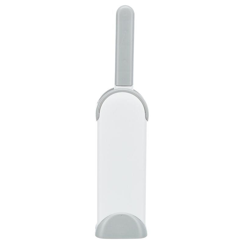 White and grey lint brush with holder, suitable for removing pet hair.