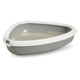Triangular cat litter tray made of grey plastic with white rim, suitable for corners. Removable frame for easy cleaning.