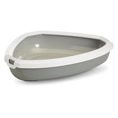 Triangular cat litter tray made of grey plastic with white rim, suitable for corners. Removable frame for easy cleaning.