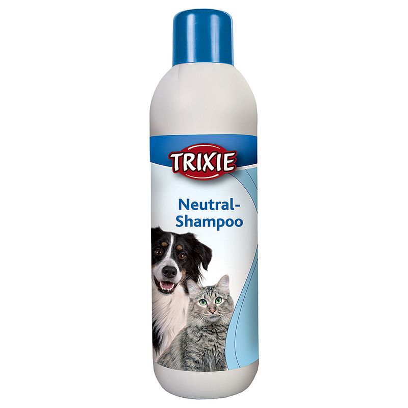 Bottle labelled Trixie Neutral-Shampoo with images of a dog and a cat on the front.