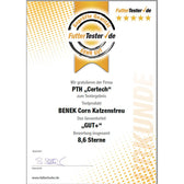 Certificate from FutterTester.de: BENEK Corn cat litter, overall grade 'GOOD+', rating 8.6 stars. Issued for PTH 'Certech' on 29/05/2017.