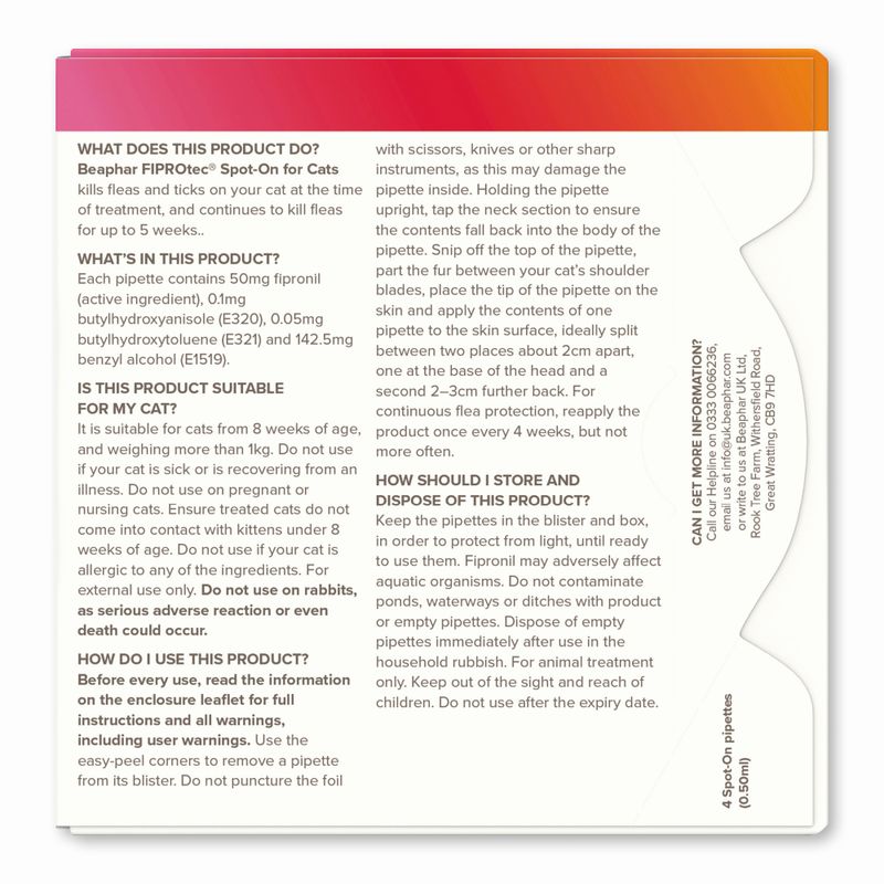 Product instructions and warnings for Beaphar FIPROtec Spot-On for Cats, including usage directions, ingredients, suitability, storage, disposal advice, and contact information.