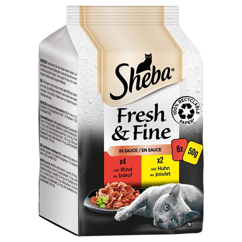 Sheba Fresh & Fine in Sauce, 6x50g. 4x with beef, 2x with chicken. Packaging made from 100% recyclable paper. Shown: grey cat and served cat food.