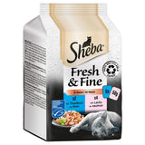 Sheba Fresh & Fine in Sauce, 6x50g. 2x tuna, 4x salmon. 100% recyclable paper. MSC certified for sustainable seafood.